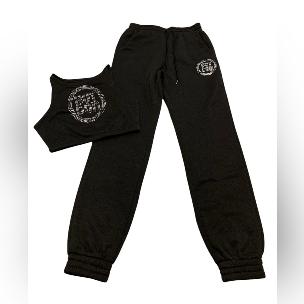 But God Crystal Rhinestone Crop Tank & Jogger Sweatpants Set - Black - Size S